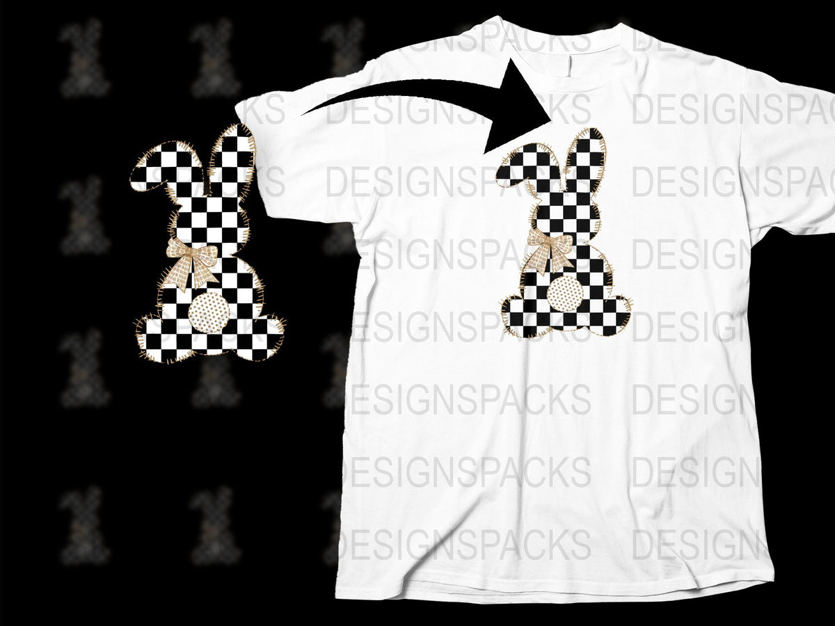 Checkered Bunny Graphic T-Shirt, Black and White Rabbit Design, Unisex Casual Tee, Unique Animal Pattern, Trendy Streetwear Style