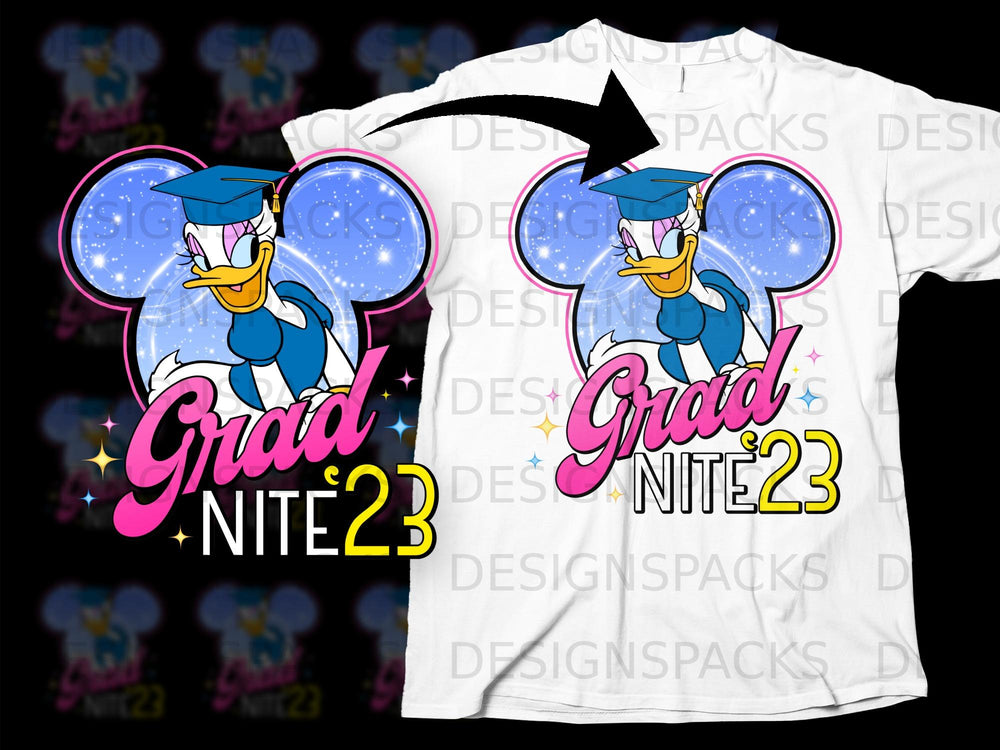 Daisy Duck in graduation cap with "Grad Nite 23" text and star accents.