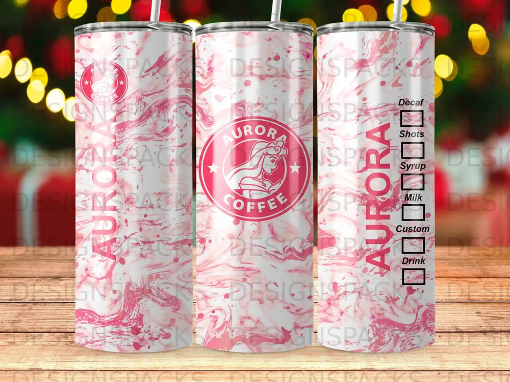 Aurora Coffee tumbler with swirling pink and white marble pattern.