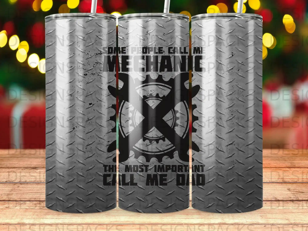 Mechanic dad tumbler with wrench and gear graphic and text.