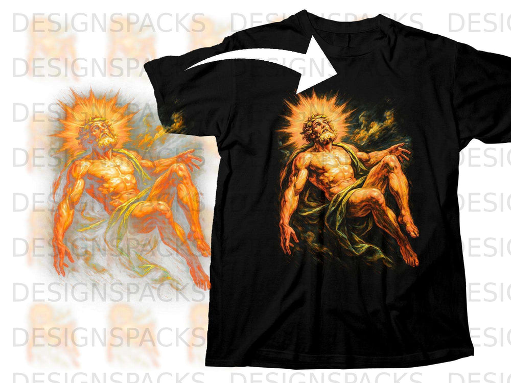 Black t-shirt with a vibrant painting of a muscular man with a radiant halo.