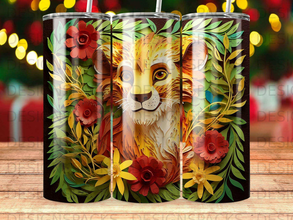 Lion cub surrounded by leaves and flowers, with bokeh lights in background.
