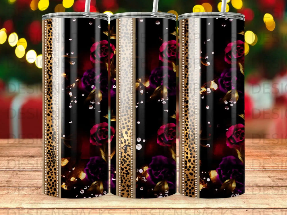 Floral tumbler with leopard print and gold accents.