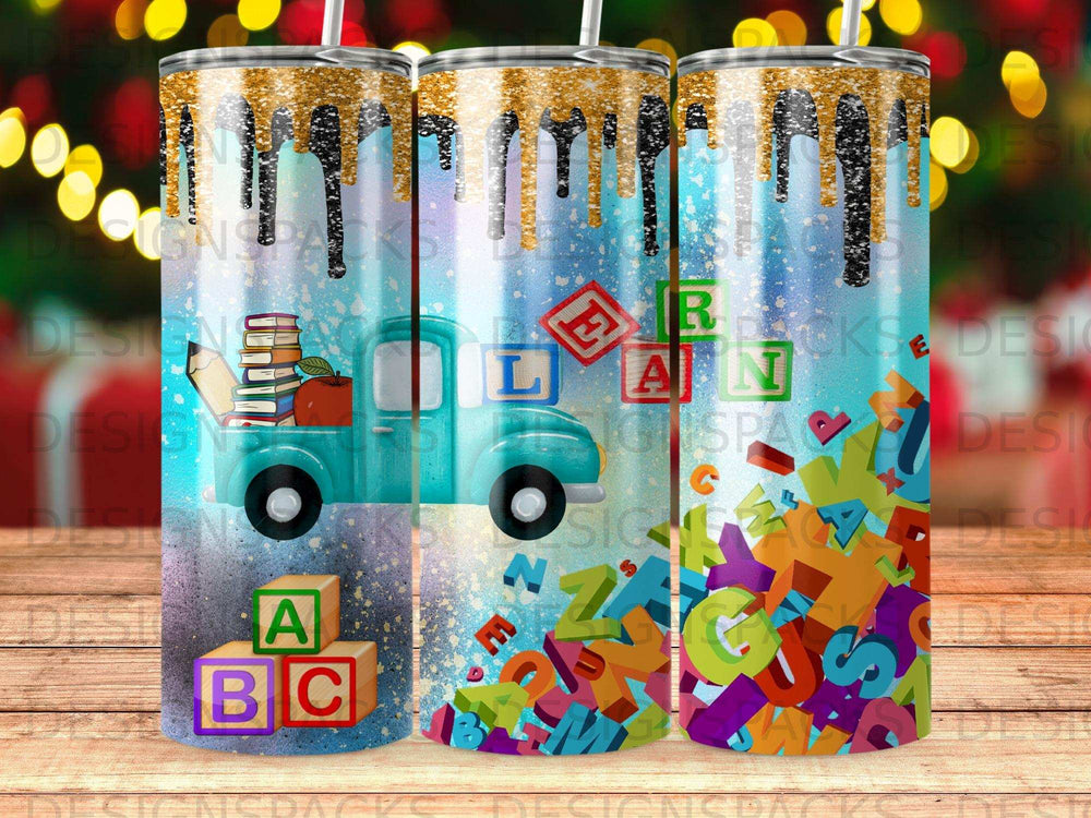 Turquoise truck with books, ABC blocks, and colorful letters on a glitter background.