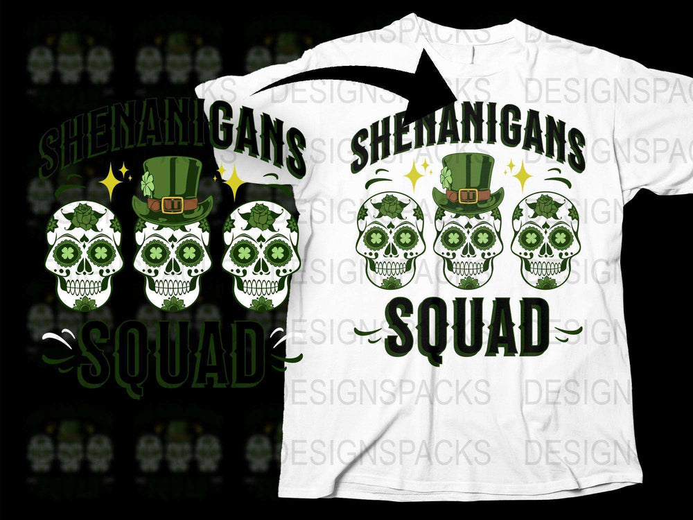 Shenanigans Squad T-Shirt, St. Patrick's Day Skull Design, Irish Green Hat, Festive Holiday Apparel, Unisex Graphic Tee