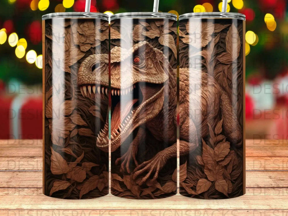 T-Rex dinosaur roaring amongst brown leaves, digital art.