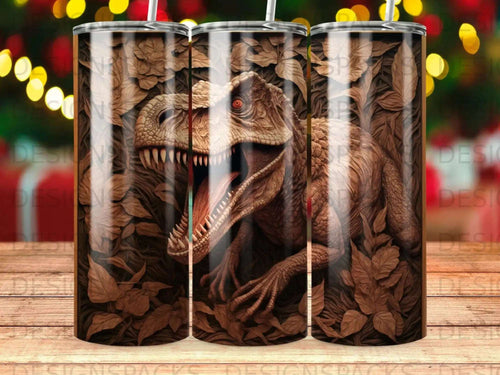 T-Rex dinosaur roaring amongst brown leaves, digital art.