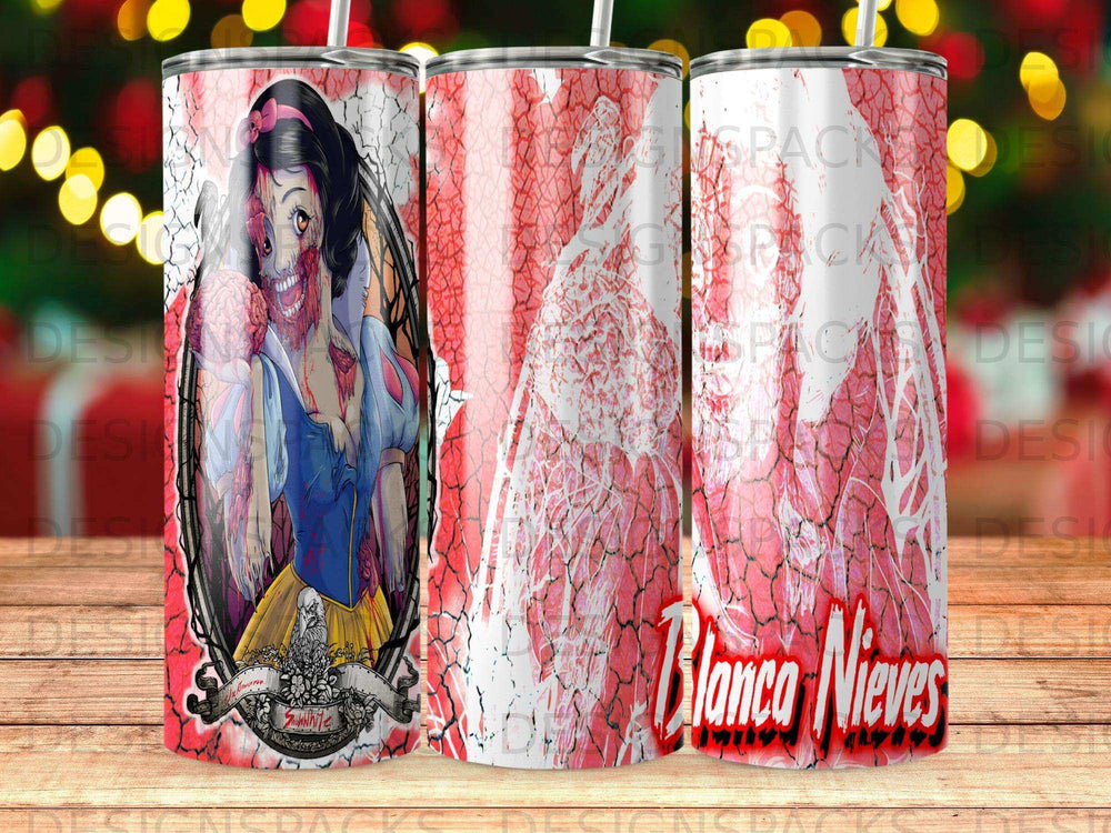Blanca Nieves illustration with distressed texture on a tumbler.
