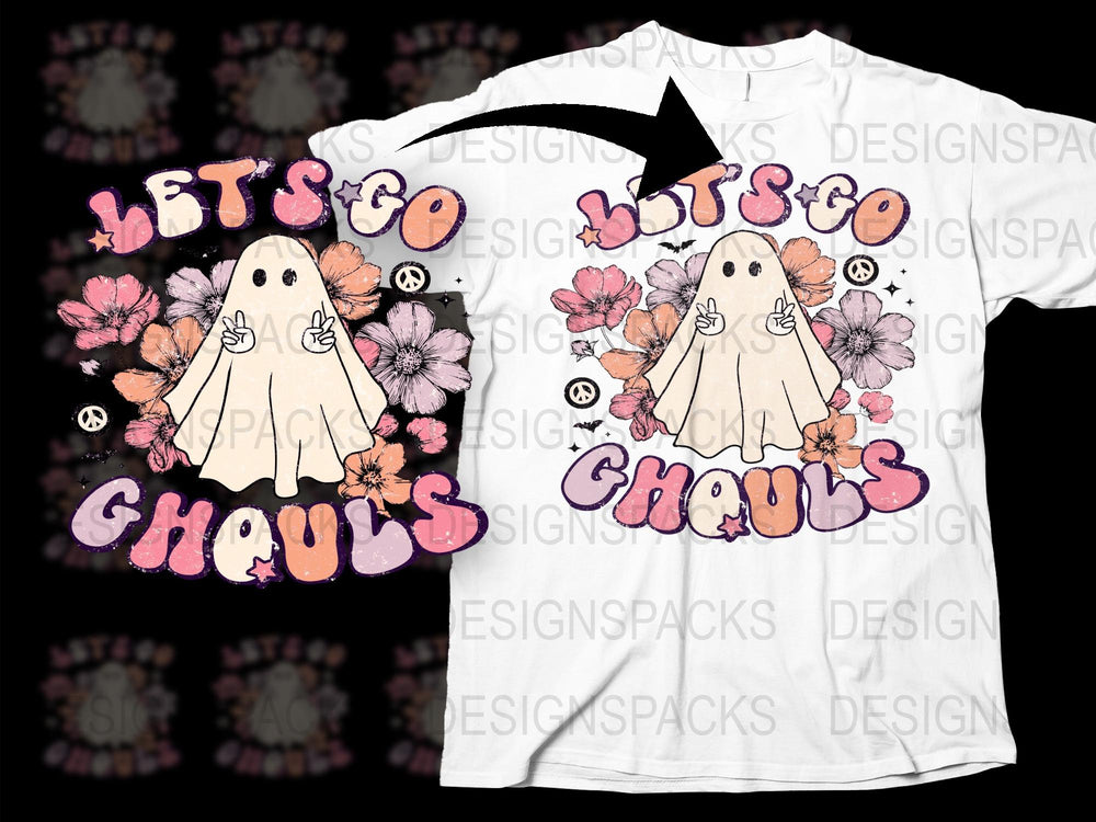 Let's Go Ghouls Cute Ghost Floral T-Shirt, Spooky Halloween Graphic Tee, Fun Autumn Fashion Top