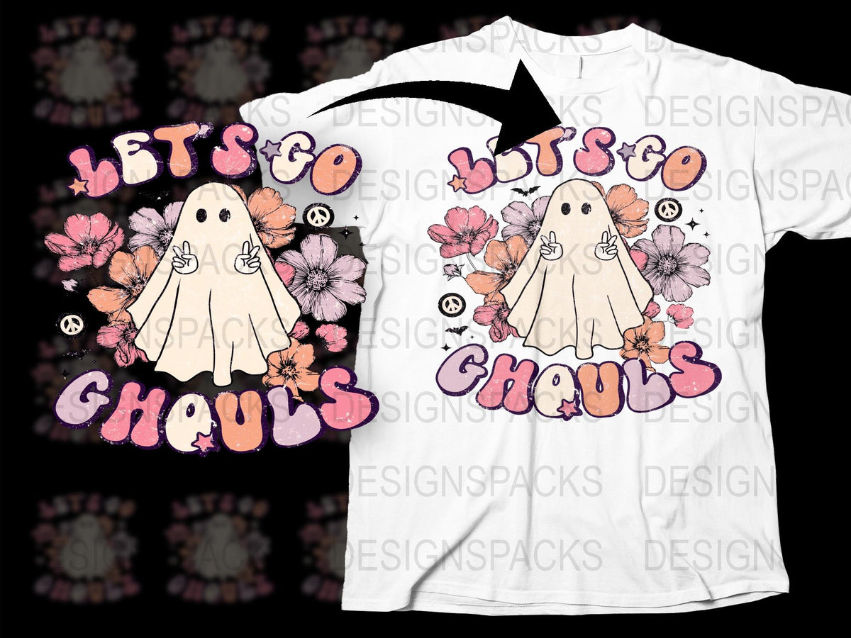 Let's Go Ghouls Cute Ghost Floral T-Shirt, Spooky Halloween Graphic Tee, Fun Autumn Fashion Top