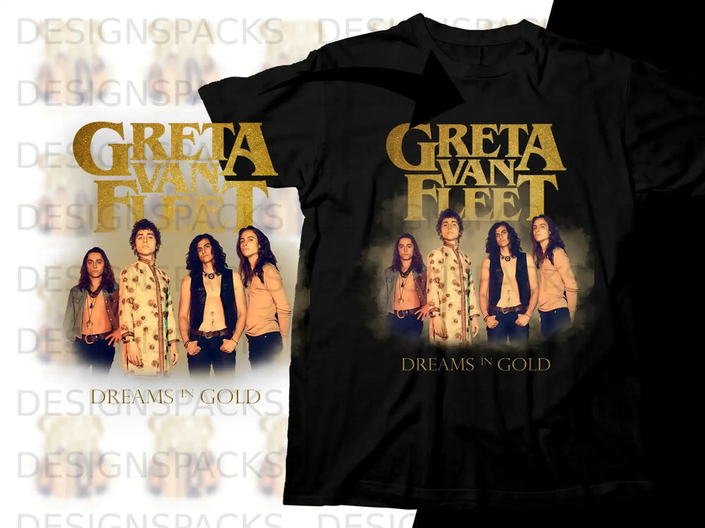 Greta Van Fleet "Dreams in Gold" t-shirt featuring band members and concert imagery.