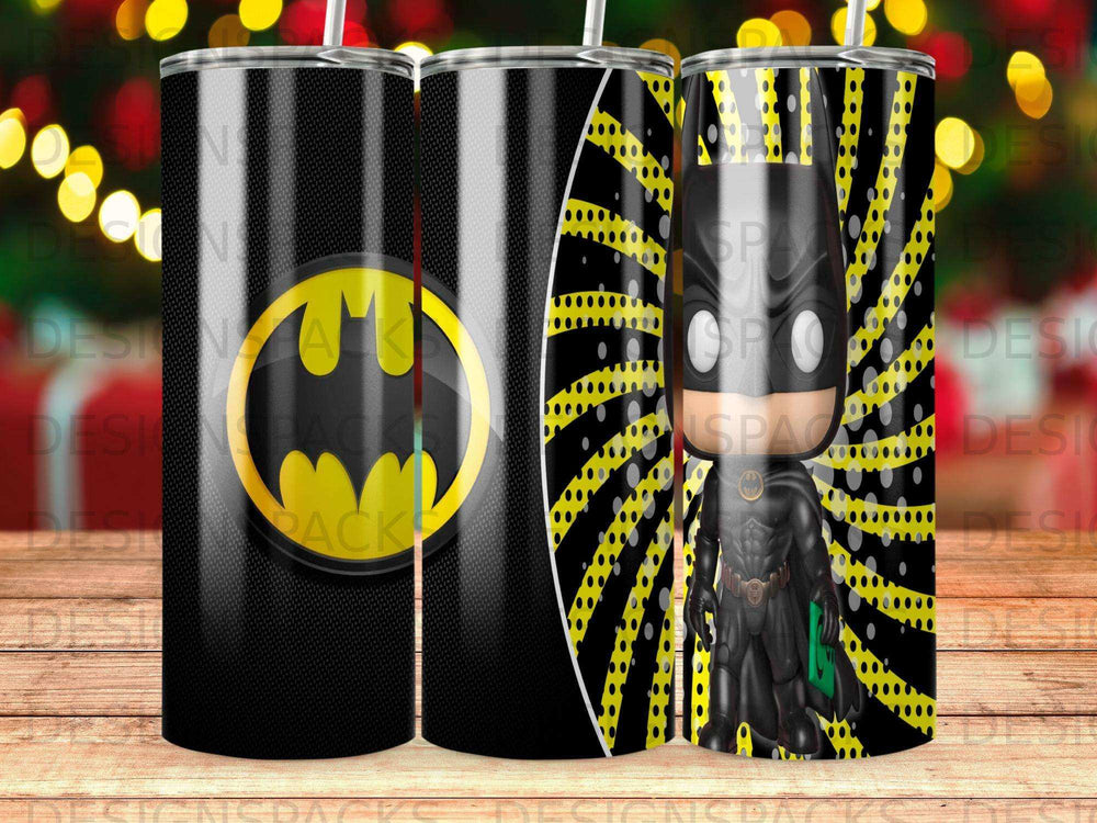 Batman tumbler with circular yellow and black burst pattern.