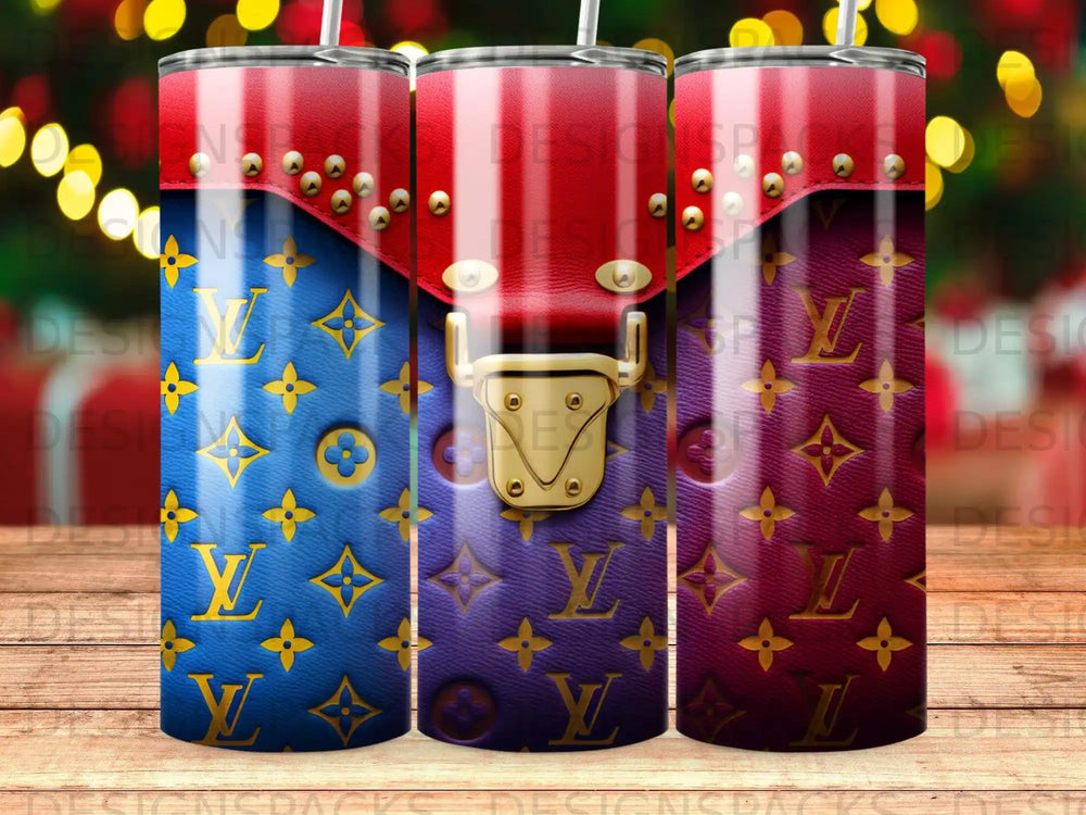 Three tumblers featuring a blue and purple LV-inspired pattern with a red flap.