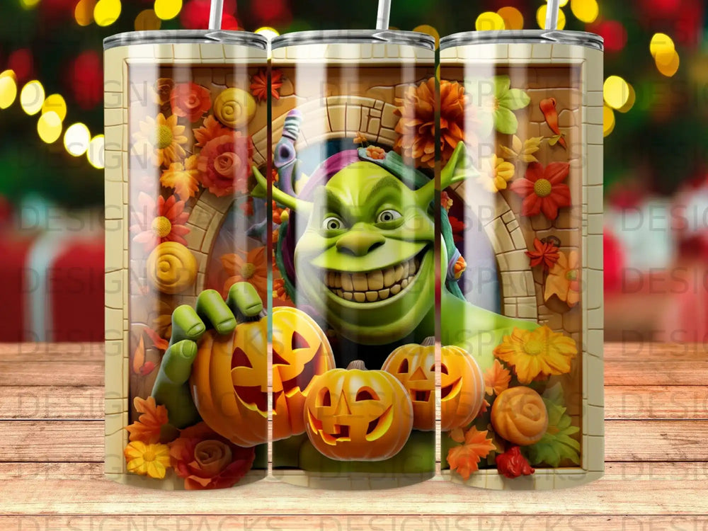 Shrek's face peeks through a stone archway with pumpkins and autumn leaves.