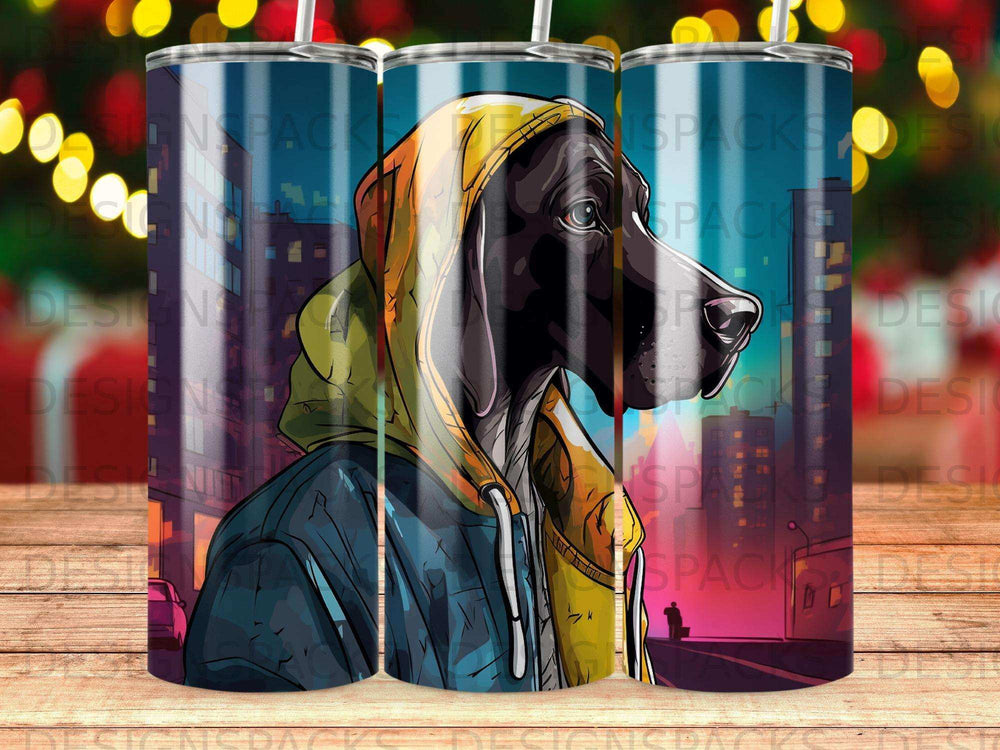 Dog wearing a yellow hoodie with city skyline background.