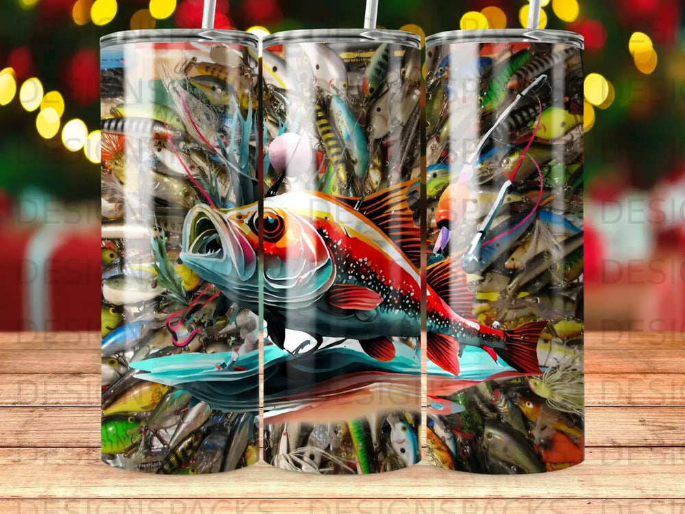 Tumbling tumbler with a detailed fishing lure collage and a vibrant, open-mouthed fish.