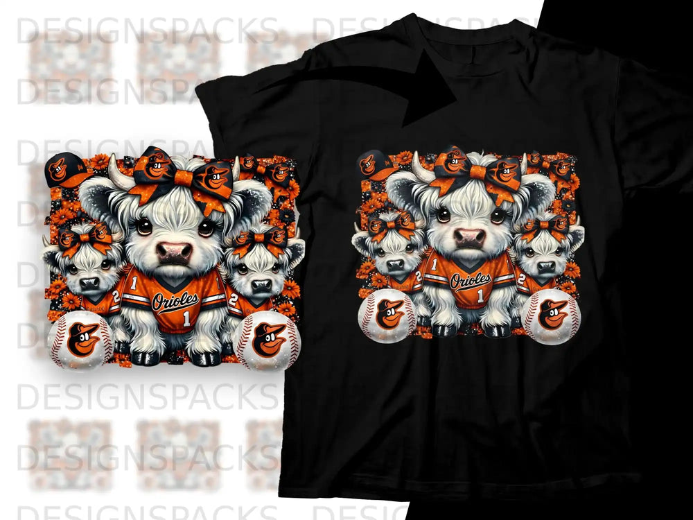 Cute cows in Baltimore Orioles jerseys and bows, with baseballs.