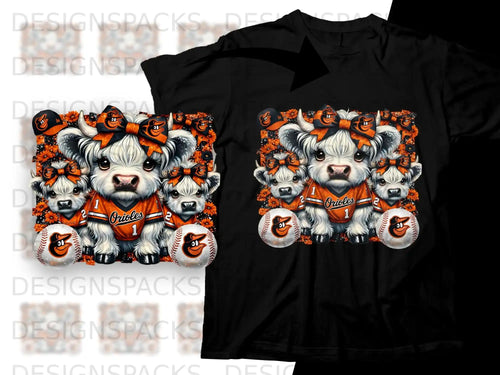Cute cows in Baltimore Orioles jerseys and bows, with baseballs.
