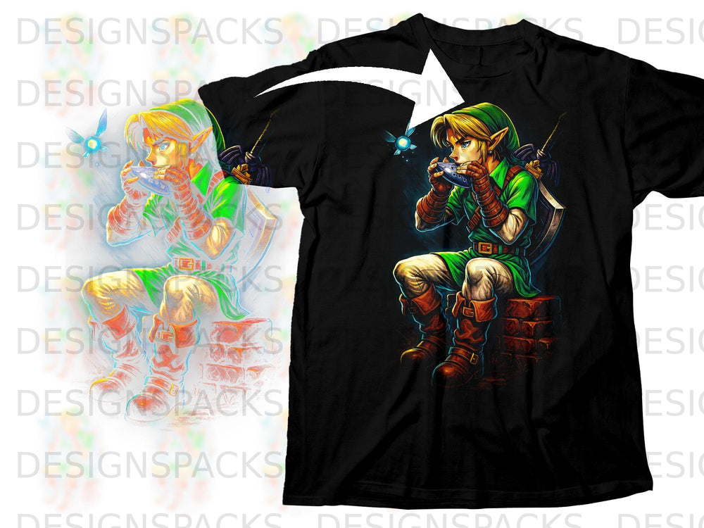 Link plays the ocarina with a Navi fairy on a black t-shirt.