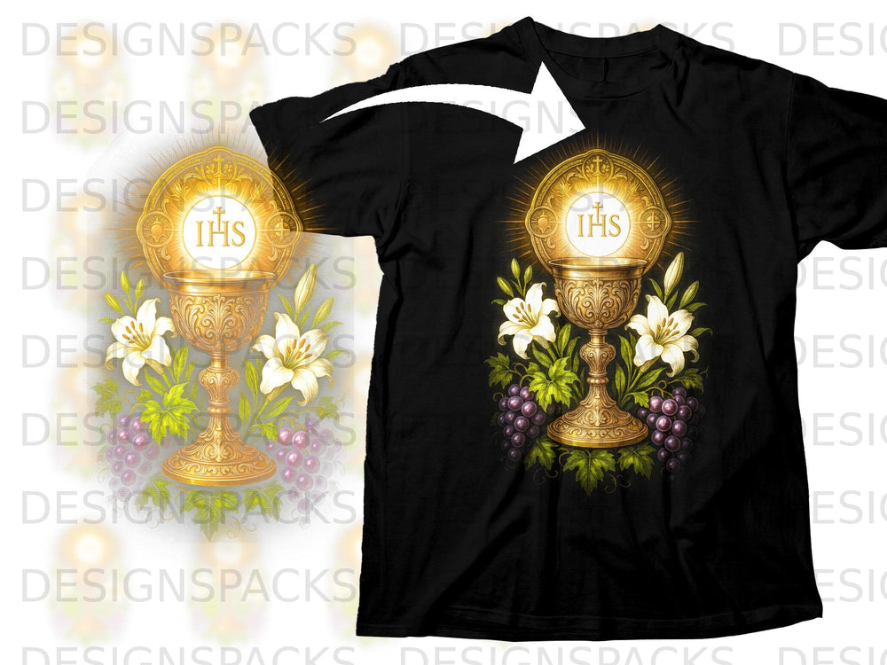 Black t-shirt with a golden chalice, host with IHS, lilies, and grapes graphic.