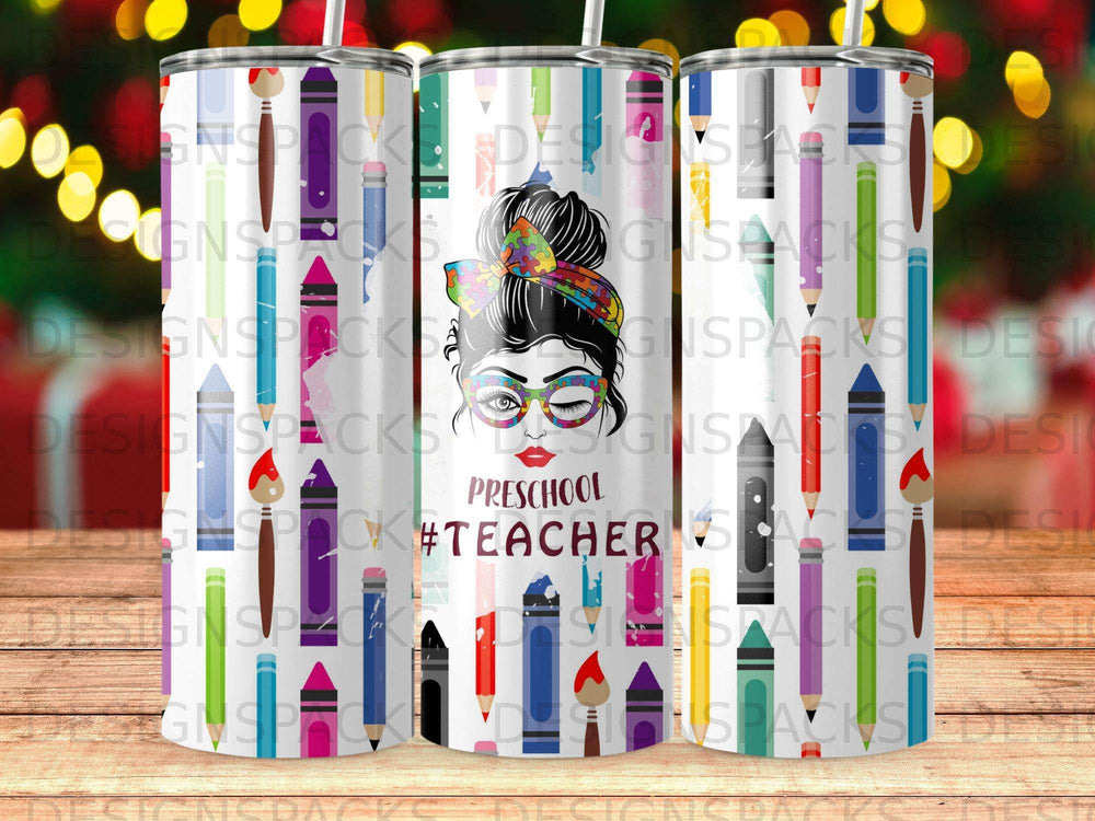 Tumbler with colorful pencil and paintbrush pattern, featuring a woman's face with glasses and "Preschool #Teacher".