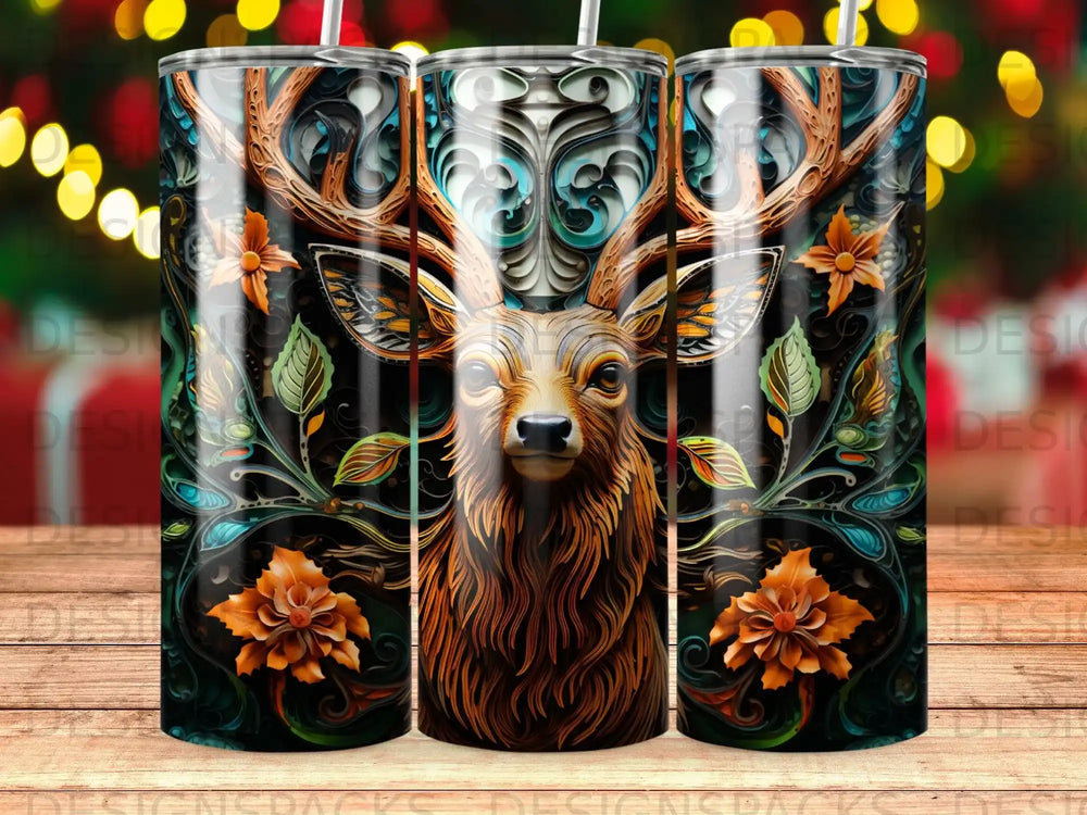 Deer head with ornate, floral, and wood-grain patterned background.