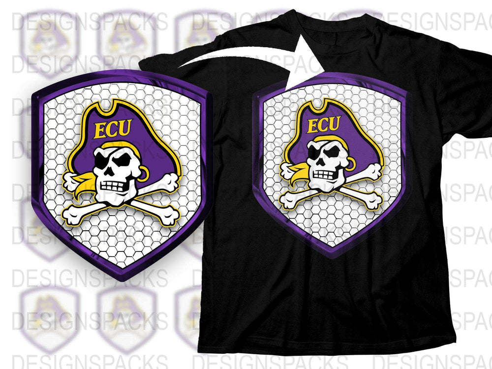 ECU Pirate Skull T-Shirt, Purple and Gold Sports Fan Apparel, College Emblem Graphic Tee, Unisex Casual Wear