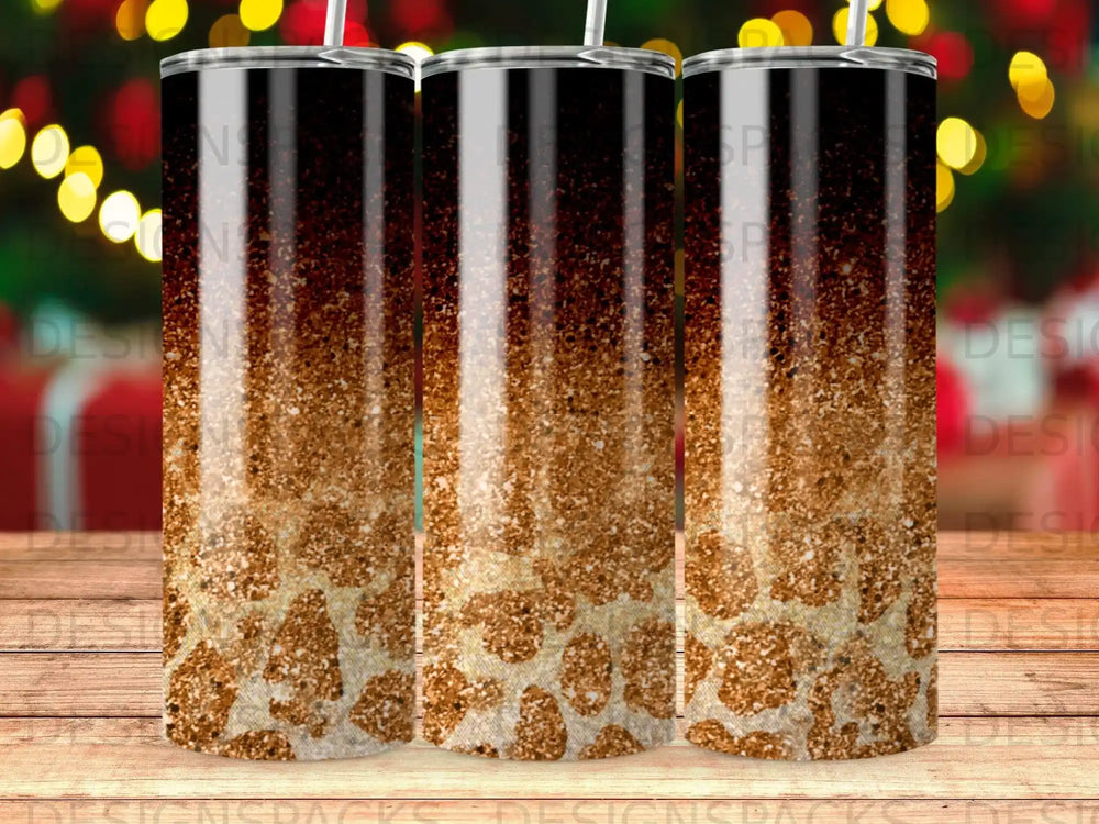 Three tumblers with glitter and leopard print design.