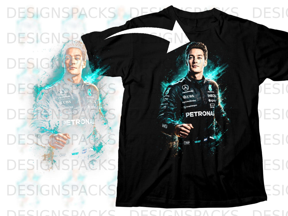 Black t-shirt with a graphic of George Russell in a racing suit.