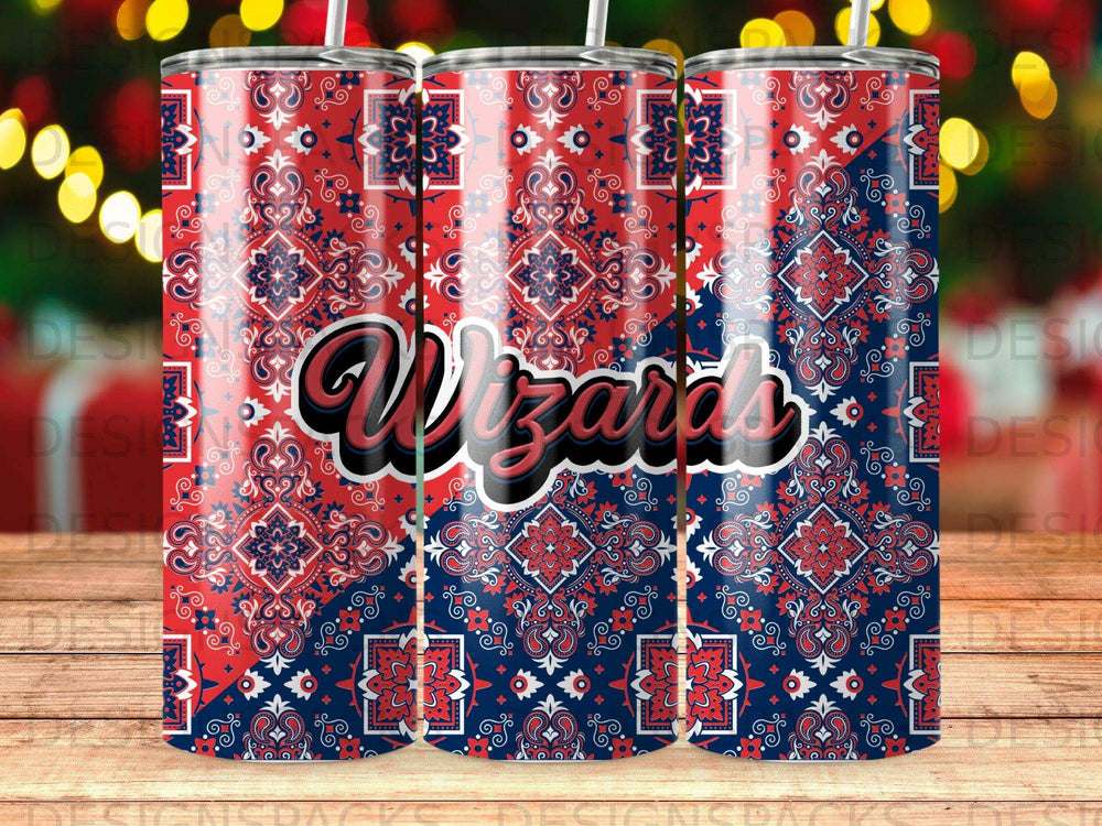Tumbler with "Wizards" text on a red and blue bandana pattern.