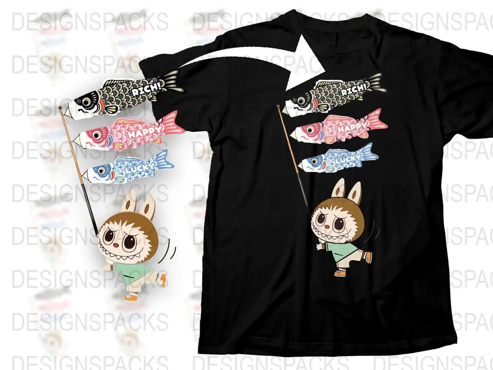 Cute Animal Koi Fish Graphic T-Shirt, Happy Birthday Fun Design, Unisex Black Tee for All Ages