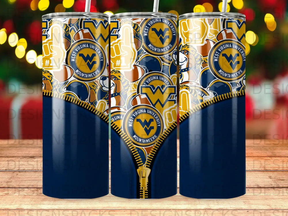 West Virginia Mountaineers logo and football pattern on a tumbler with a zipper design.