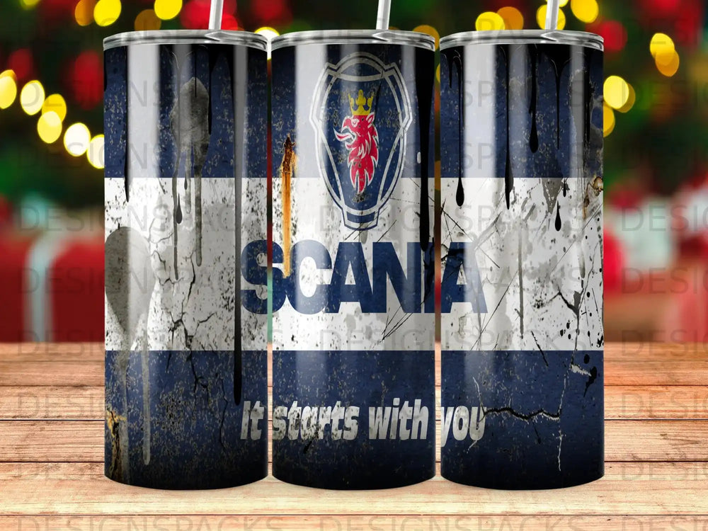 Scania logo and slogan "It starts with you" on a dark blue and white striped background.