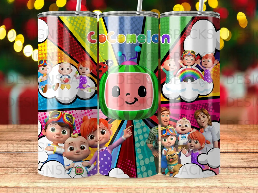 CoComelon characters JJ, Cody, Nina, Cece, and YoYo on a colorful tumbler.