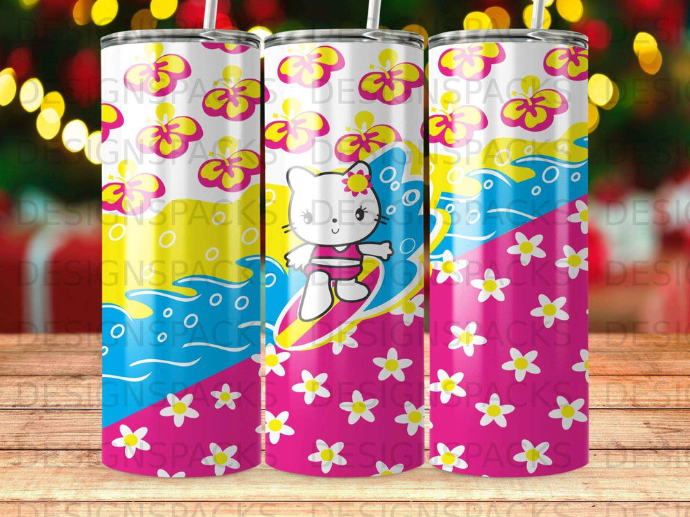 Hello Kitty surfing on a pink surfboard with a floral background.
