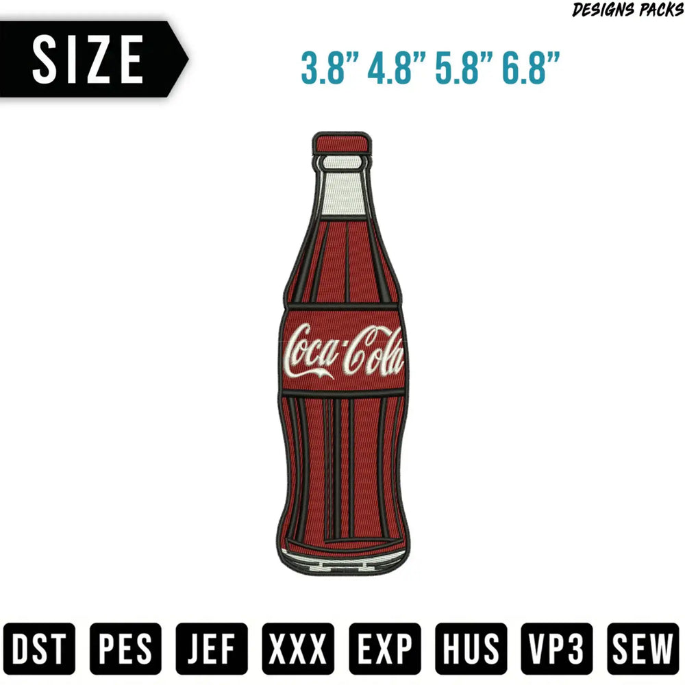 Coca-Cola bottle embroidery design with size options and file formats.
