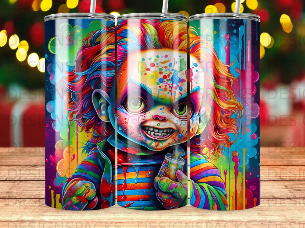 Child's Play Chucky character on colorful paint splatter tumbler.