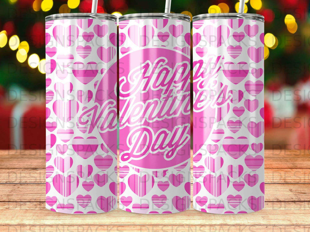 Pink tumblers with repeating heart pattern and "Happy Valentine's Day" text.