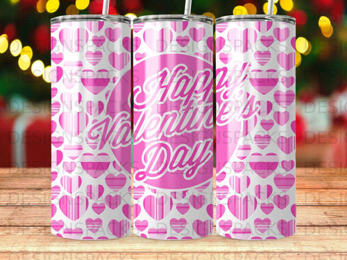 Pink tumblers with repeating heart pattern and 