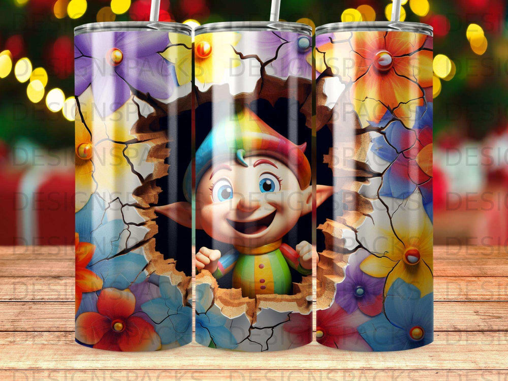 Elf bursting through a floral wall, happy expression, bright colors.