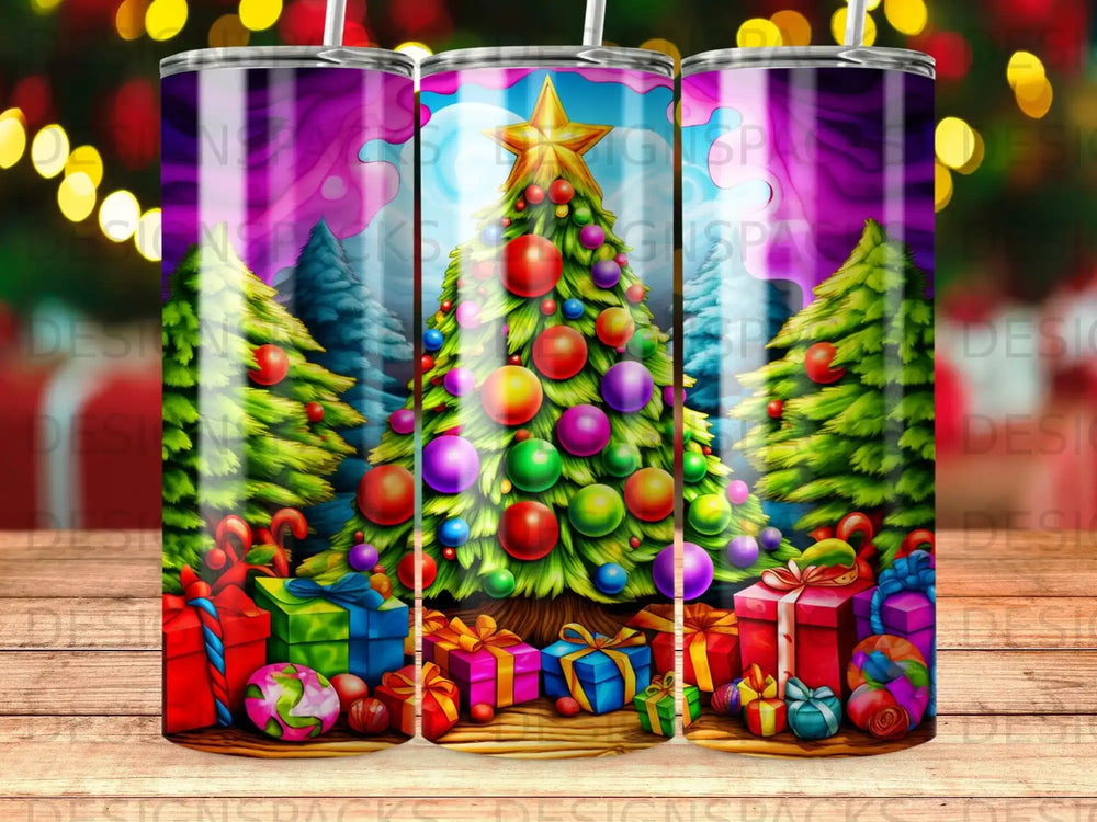 Christmas tree with colorful ornaments surrounded by presents and pine trees.