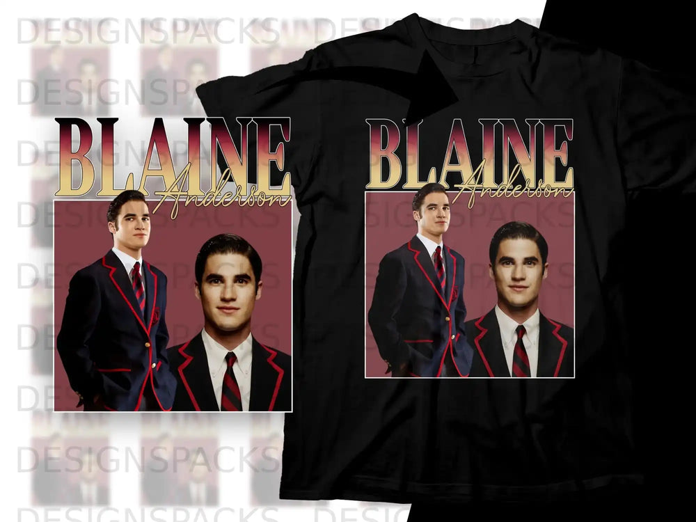 Darren Criss as Blaine Anderson from Glee on a black t-shirt.