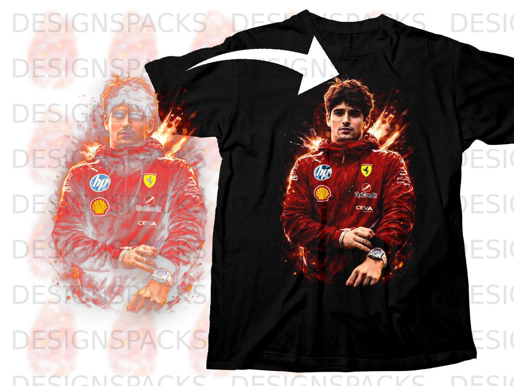 Black t-shirt featuring Charles Leclerc in a red racing suit with HP and Shell logos.