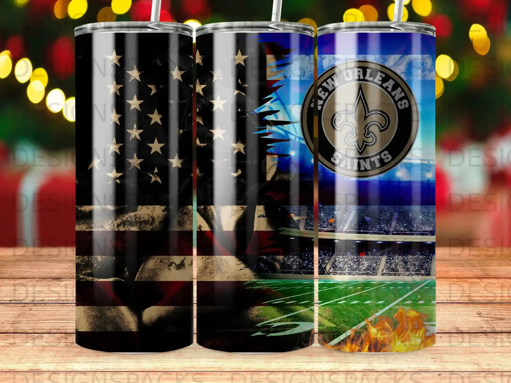 American flag, New Orleans Saints logo, football stadium, and fire design on tumbler.