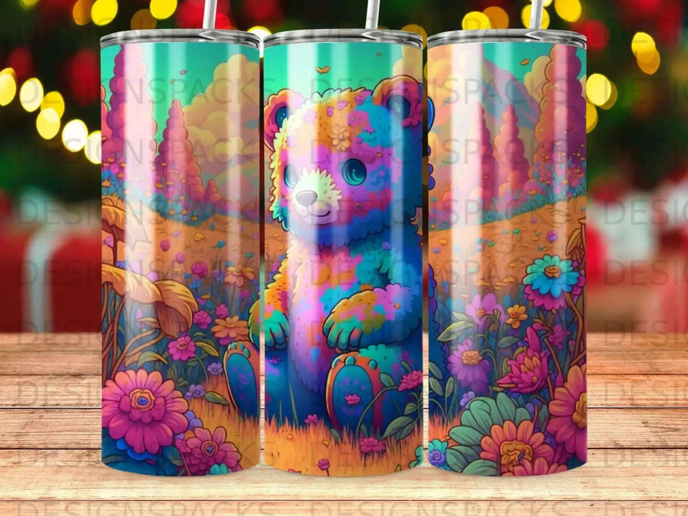 Colorful teddy bear with flowers and trees on a tumbler.