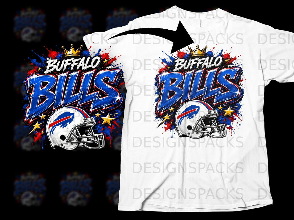Buffalo Bills logo with a crown and football helmet on a white t-shirt.