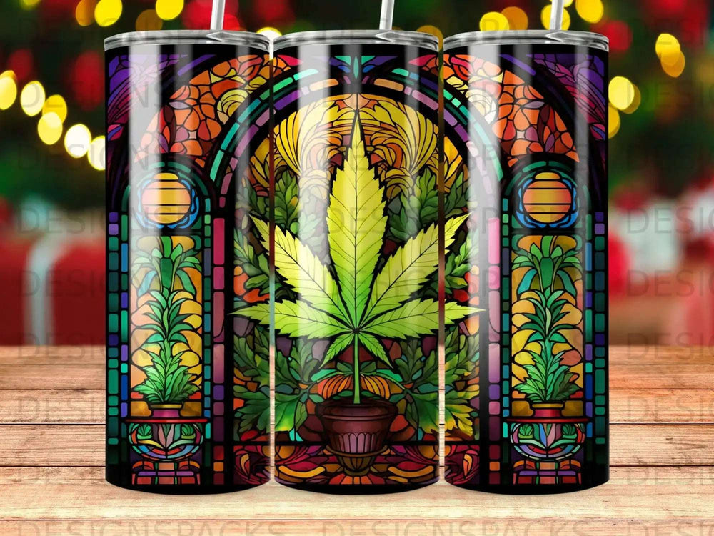 Stained glass design featuring a cannabis leaf in a pot, set against colorful, patterned backgrounds.