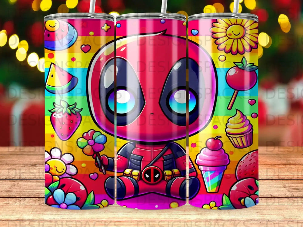 Deadpool character illustration with colorful cartoon fruits, cupcakes, and flowers on a tumbler.
