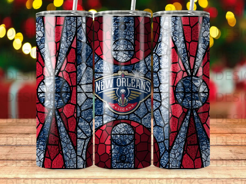 New Orleans Pelicans logo with stained glass pattern on tumbler.
