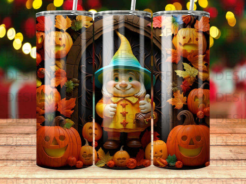 Gnome in yellow outfit with pointy hat holding pumpkin, surrounded by pumpkins and fall leaves.